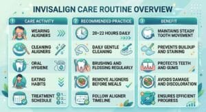 Invisalign care routine overview showing cleaning, wearing time, and maintenance tips