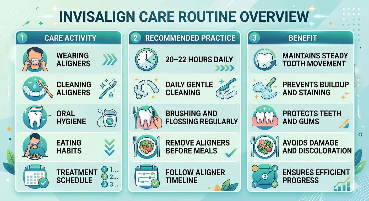 Invisalign care routine overview showing cleaning, wearing time, and maintenance tips