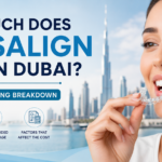 Promotional banner showing a smiling woman holding clear Invisalign aligners with the Dubai skyline in the background. The image headline reads “How Much Does Invisalign Cost in Dubai? A Realistic Pricing Breakdown” and highlights average prices, package inclusions, and cost factors for Invisalign treatment in Dubai.