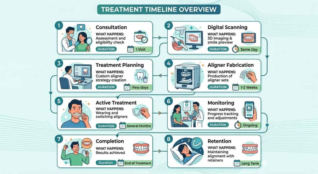 Treatment timeline infographic for Proalign Smile Shop clear aligner process