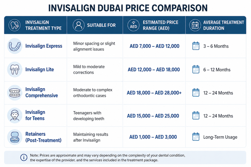 Alt text: Comparison chart showing Invisalign treatment types and pricing in Dubai. The table includes Invisalign Express, Lite, Comprehensive, Teens, and Retainers, along with suitable cases, estimated price ranges in AED, and average treatment durations ranging from 3 months to long-term usage. Prices range from AED 1,000 to AED 28,000+ depending on treatment complexity.